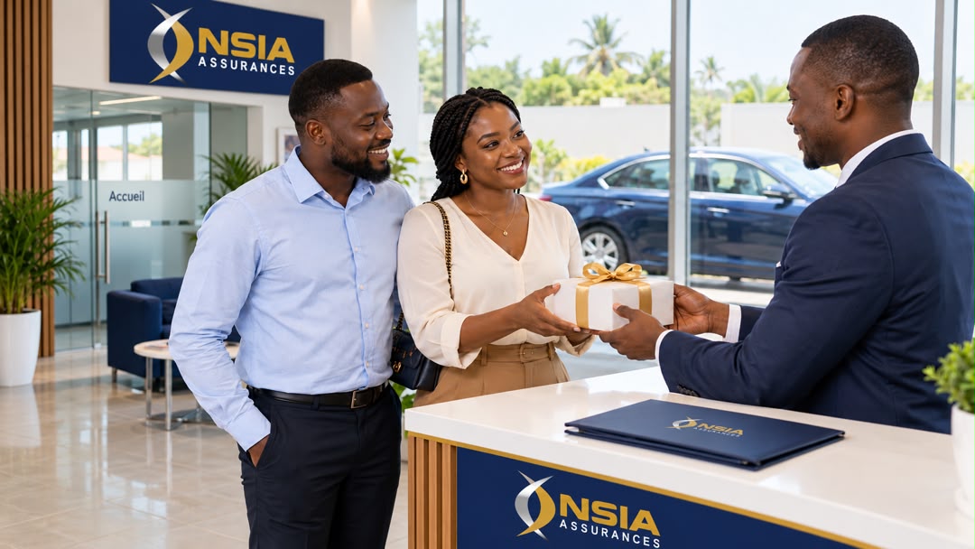 Un conseiller NSIA remet un cadeau Blue Days à des clients à l'agence